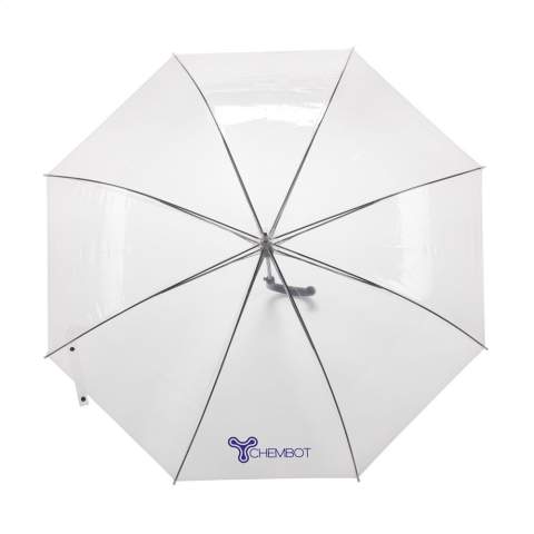 Umbrella with transparent canopy segments, automatic telescopic spring button, metal frame, plastic handle and push button fastener.