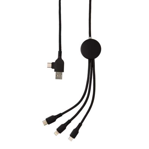 Braided nylon multi cable with 5 different connectors: USB C in, USB A in, type C out, IOS out and micro USB out. This allows you to use the cable also with type C output devices that are included in the newer generation of phones and macbook computers. The cable also has a USB A output input option so it can charge any device from any output source.  ABS casing with option to engrave your logo that will light up when the cable is being used.  PVC free. Lenght 120 cm.