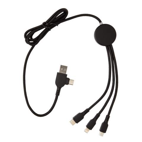 Braided nylon multi cable with 5 different connectors: USB C in, USB A in, type C out, IOS out and micro USB out. This allows you to use the cable also with type C output devices that are included in the newer generation of phones and macbook computers. The cable also has a USB A output input option so it can charge any device from any output source.  ABS casing with option to engrave your logo that will light up when the cable is being used.  PVC free. Lenght 120 cm.