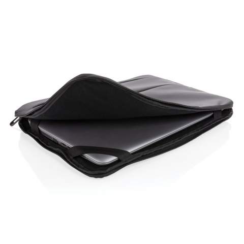 This smooth PU 15.6 inch laptop sleeve is sleek looking and more spacious than you would expect. The laptop sleeve fits a 15.6" laptop. On the front you will find multiple zippered pockets that you can use to put away your laptop accessories and notebook. On the top you will find a handle for easy carrying. Exterior 100% PU. Interior 100% 210D polyester. PVC free.