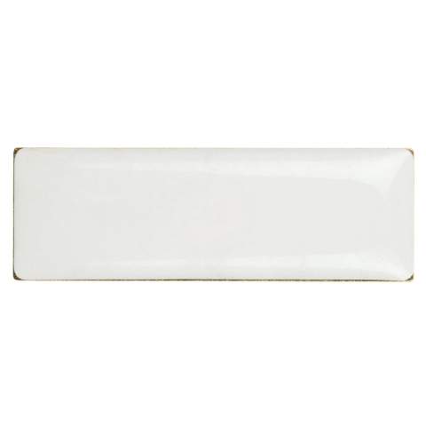A rectangle pin with doming. Butterfly closure.