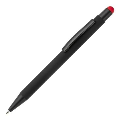 This elegant metal ball pen with black trims can be laser engraved and the logo will come out in the colour of the stylus tip. Writing colour: blue.