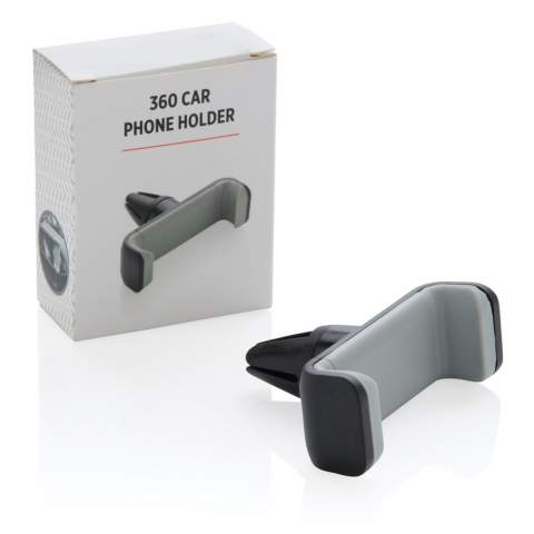 Universal and 360 degree rotatable car mount to hold your mobile phone when driving. Simply click the item on your air vent and place your mobile phone (up to 6”) in the holder. Made out of heat resistant ABS and strong silicone to make the item long lasting and avoid it from falling off your air vent while driving. With stainless steel mechanism inside to ensure your phone stays in place.