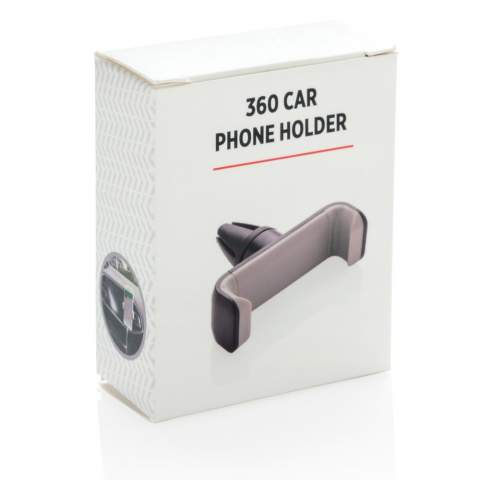 Universal and 360 degree rotatable car mount to hold your mobile phone when driving. Simply click the item on your air vent and place your mobile phone (up to 6”) in the holder. Made out of heat resistant ABS and strong silicone to make the item long lasting and avoid it from falling off your air vent while driving. With stainless steel mechanism inside to ensure your phone stays in place.