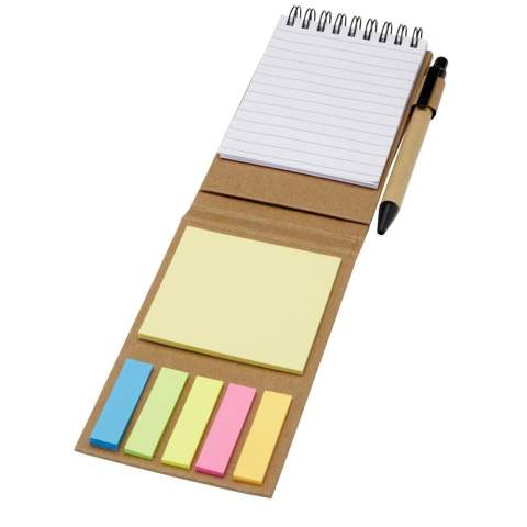 Sticky kladblok met balpen Het kladblok heeft 30 witte vellen van 70 g/m2 gelinieerd papier (8 x 12 cm). Het bevat ook 25 veelkleurige (5 x 1,2 cm) en 25 gele (7,5 x 7,5 cm) sticky notes, beide typen met 70 g/m2 papier. De houder van de balpen is gemaakt van gerecycled papier. Inktkleur: zwart. Schrijflengte: 1000 meter. Stiftmaat: 1,00 mm.