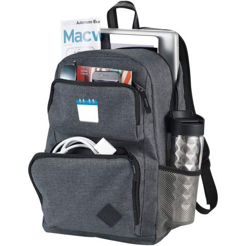 Zipped main compartment with padded laptop sleeve holds up most 15.6" laptops and has a dedicated tablet pocket with room for all your other business essentials. The two front pockets offer flexible decorating locations and are large enough for power banks, cables, and other essentials. The side pocket offers additional storage. Adjustable padded backpack straps and top grab handle. There may be minor variations in the colour of the actual product due to the nature of the fabric dyes, weaves, and printing.
