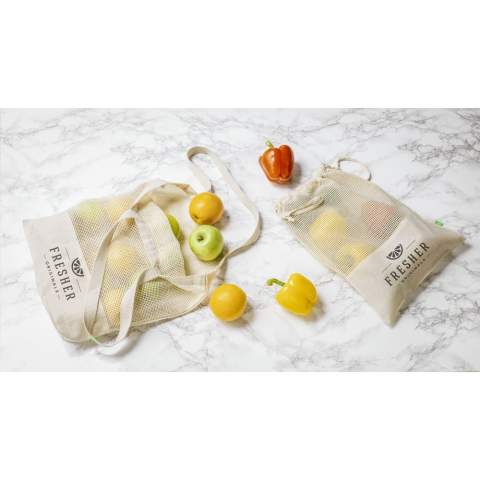 WoW! A sturdy mesh shopping bag made from 100% organic quality cotton (180 g/m²). Features a firmly woven base and long handles. Capacity approx. 12 litres.