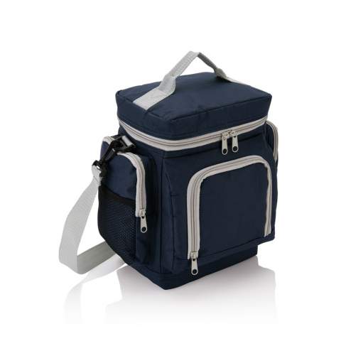 Convenient 600D polyester cooler bag with multiple compartments and adjustable shoulder strap. PVC free.