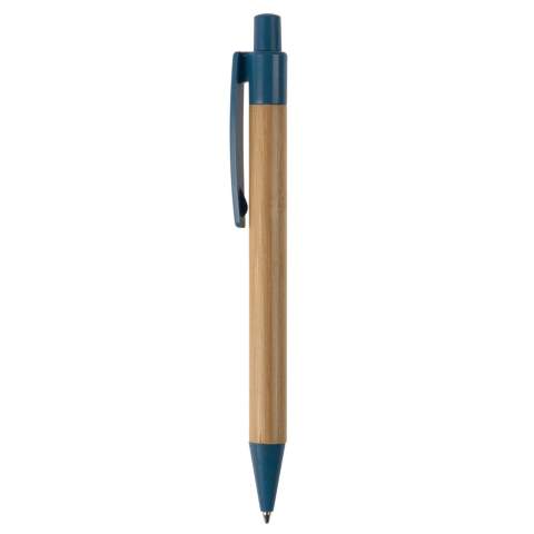 Stylo à bille en bambou avec clip, poussoir et pointe en paille de blé. Avec recharge d'écriture bleue en plastique x20 avec 2,5km d'écriture. 
