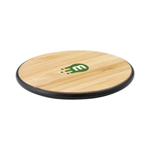 10W ABS/Bamboo for wireless charging of mobile phones. With glowing blue indicator ring. Compatible with all mobile devices that support QI wireless charging (newest generations Android and iPhone). Input: 9V/2A. Wireless output: 5V/10W. Includes a micro-USB charging cable and user manual. Each item is supplied in an individual brown cardboard box.
