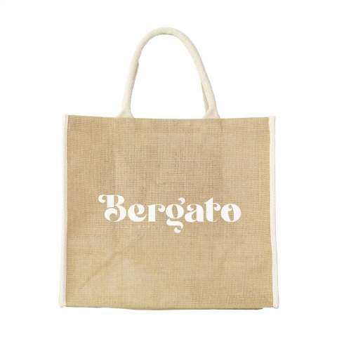 WoW! Generously sized jute shopping bag with laminated interior and short handles. Made from hard-wearing woven cotton. Capacity approx. 25 litres. For information: due to the coarseness of the fabric, the ability to imprint small details of a logo, thin lines and small letters is limited. We may therefore, after receiving your logo, advise you to adjust or enlarge the logo.