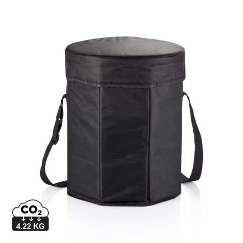 600D polyester in black with PE coating, 30cm diameter, foldable. Usable as cooler and seat.