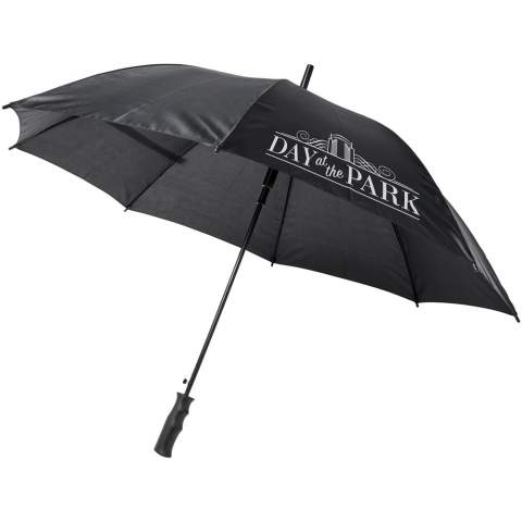 Automatically opening umbrella with a polyester canopy. It has a sturdy metal shaft, a patented high quality full fiberglass frame, offering maximum flexibility in windy conditions. Straight plastic handle, tips and top. Available in a wide variety of contemporary colours and has a large decoration area.