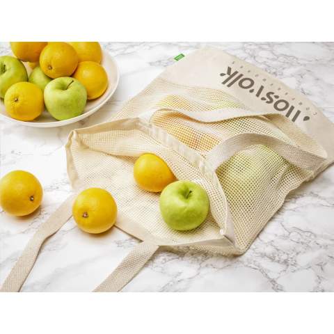 WoW! A sturdy mesh shopping bag made from 100% organic quality cotton (180 g/m²). Features a firmly woven base and long handles. Capacity approx. 12 litres.