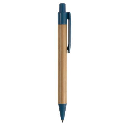 Stylo à bille en bambou avec clip, poussoir et pointe en paille de blé. Avec recharge d'écriture bleue en plastique x20 avec 2,5km d'écriture. 