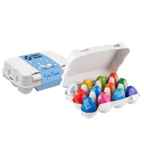 Egg carton with full colour printed wrapper, filled with 12 Tony Chocolonely Easter eggs in assorted colours and flavours