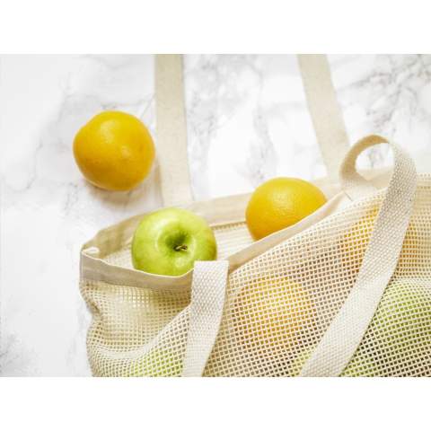 WoW! A sturdy mesh shopping bag made from 100% organic quality cotton (180 g/m²). Features a firmly woven base and long handles. Capacity approx. 12 litres.