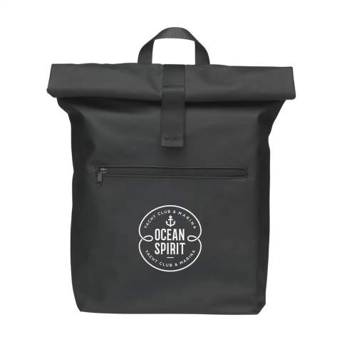 WoW! Praktische, stevige en royale ‘roll-top’ laptoprugzak met extra ritsvak aan de voorzijde. Deze rugzak heeft aan de bovenzijde niet alleen een handige rolsluiting met klittenband maar ook een ritssluiting. Deze rugzak is gemaakt van waterafstotend PU, 5% gerecycled PU en 42% gerecycled polyester. De rugzak heeft een keurig afgewerkte voering van gerecycled PET en is van alle gemakken voorzien. Het royale binnenvak heeft een speciaal laptopcompartiment  voor het veilig vervoeren van een laptop (tot 15.6 inch) of tablet. Verder vind je aan de binnenzijde verschillende  insteekvakken voor het georganiseerd opbergen van een mobiel, schrijfwaren of andere accessoires. Door gebruik te maken van de elastieke band aan de binnenzijde blijft een drinkfles rechtop op zijn plek staan. Met handige draaglus. Voor extra draagcomfort zijn de rugzijde en verstelbare schouderbanden voorzien van zacht foam. Deze rugzak is perfect voor dagelijks gebruik en neem je gemakkelijk mee naar school of naar je werk. RCS-gecertificeerd. Totaal gerecycled materiaal: 47%. Inhoud ca. 19 liter.