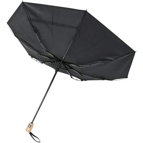 Automatic open and close folding umbrella with a recycled PET pongee polyester canopy. Sturdy metal shaft, a high quality frame with fibreglass ribs offering maximum flexibility in windy conditions. Supplied with a pouch and can easily fit a handbag or backpack for convenient carrying. Together with the wooden handle and the recycled PET pongee polyester canopy it offers a sustainable choice. Available in an wide variety of contemporary colours with a large decoration area on each of the panels.