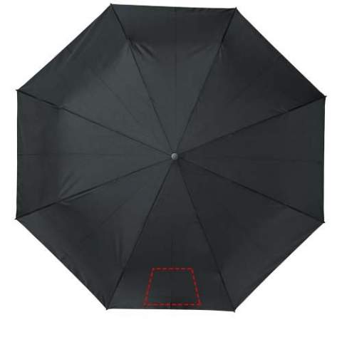 Automatic open and close folding umbrella with a recycled PET pongee polyester canopy. Sturdy metal shaft, a high quality frame with fibreglass ribs offering maximum flexibility in windy conditions. Supplied with a pouch and can easily fit a handbag or backpack for convenient carrying. Together with the wooden handle and the recycled PET pongee polyester canopy it offers a sustainable choice. Available in an wide variety of contemporary colours with a large decoration area on each of the panels.