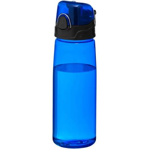 En cas de soif, la bouteille de sport légère Capri 700 ml est une bouée de sauvetage. La bouteille est dotée d'un couvercle rabattable avec bec verseur, ce qui la protège et la rend propre. Le bouton-poussoir permet de l'ouvrir facilement. La bouteille transparente est fabriquée en Eastman Tritan™ solide, sans taches ni odeurs, ce qui la rend durable et sans BPA.