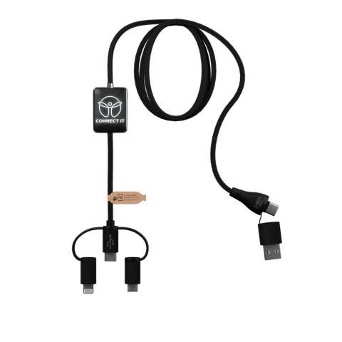 5-in-1 data transfer charging cable with rubber and metal finish and double light-up logo. This cable is made from 100% recycled ABS plastic and rPET from recycled bottles, making it a more sustainable choice. Compatible with Apple CarPlay and Android Auto. Thanks to its dual USB-A + USB-C output, the cable is compatible with the latest computers on the market (USB-C). Delivered in a biodegradable TPU pouch and a paper card. Cable length: 1 metre.