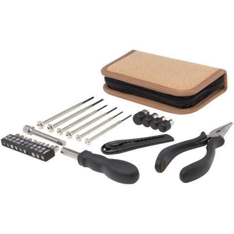 The Spike tool set combines practicality, durability and sustainability in one beautiful package. Its cork storage pouch is not only visually appealing, but also environmentally responsible without compromising on quality or performance. Inside the pouch, you'll find a set of 24 essential tools crafted from carbon steel and RCS certified recycled plastic: 1 knife for clean cuts and precise trimming, 6 precision screwdrivers for delicate tasks, 10 screwdriver bits, 1 screwdriver handle with comfortable grip, 1 extension bar for hard-to-reach areas, 4 sockets for various applications, and 1 long nose plier for gripping and bending. Since cork is a natural product, there may be slight variations in colour and size per item, which may affect the final printing outcome. Packed in a STAC gift box from sustainable sources.