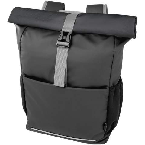 Water-resistant roll-top bike bag made from GRS certified recycled materials. It features a padded 15" laptop compartment, multiple organisational pockets, adjustable hook & loop closure for easy fitting onto a variety of bikes, and reflective piping for visibility. The GRS recycled materials include the main fabric, lining, webbing, and zips. Capacity: 20 litres. PVC free.
