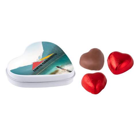 Heart shaped tin white filled with 3 heart shaped chocolates, including ingredients sticker
