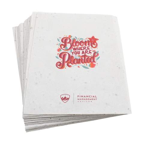 WoW! Dépliant au format A6 en papier biodégradable avec des graines de fleurs (papier ensemencé 200 g/m²).  Comprend une impression en full colour sur une face, entièrement personnalisable avec votre marque ou message. Une impression (en full colourr) sur la deuxième face est possible moyennant un coût supplémentaire.    Le mélange de fleurs se compose de :  Godetia, Mesembrantium,  Petunia, Gypsophila,  Antirrhinum, Allysum Bentany.    Ce dépliant allie communication et effet de surprise. Idéal pour les salons, événements et campagnes de publipostage afin d’attirer l’attention sur votre message de manière originale. Le dépliant ne doit pas être jeté avec le papier recyclé, mais peut être planté en terre, où les graines pousseront et donneront des fleurs.    En raison de l'utilisation de graines et de matériaux recyclés, de petites irrégularités dans le matériau peuvent être visibles. Fabriqué en Europe.