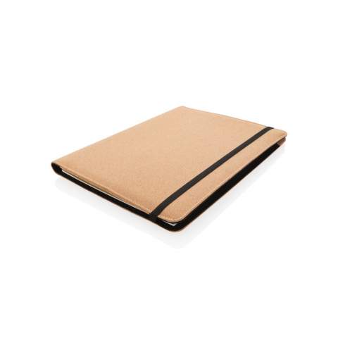 Keep all your work essentials organised in this beautiful A4 cork portfolio with black details. Inside you will find 1 big sleeve pocket, 1 phone pocket, 2 additional pockets, 4 card slots and a pen loop. Including matching cork and wheatstraw pen plus recycled paper notepad. The notepad contains 20 sheets cream coloured lined 80gm/s recycled paper. Elastic closure. Comes in kraft gift box.<br /><br />NotebookFormat: A4<br />NumberOfPages: 20