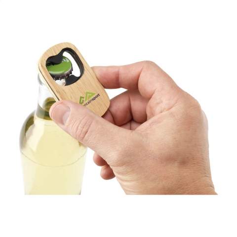 Handy bottle opener with handle made of sustainable beech wood and an opener made of black lacquered stainless steel. Very suitable for sending as a mailbox gift.