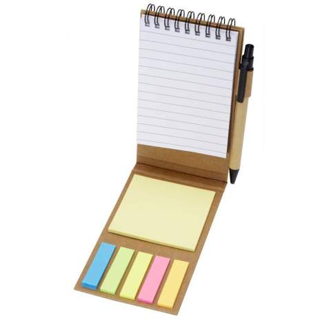 Sticky kladblok met balpen Het kladblok heeft 30 witte vellen van 70 g/m2 gelinieerd papier (8 x 12 cm). Het bevat ook 25 veelkleurige (5 x 1,2 cm) en 25 gele (7,5 x 7,5 cm) sticky notes, beide typen met 70 g/m2 papier. De houder van de balpen is gemaakt van gerecycled papier. Inktkleur: zwart. Schrijflengte: 1000 meter. Stiftmaat: 1,00 mm.