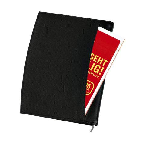 Conference/document folder made of 600D polyester/imitation leather in A5 format. With several pockets, detachable dual power calculator (incl. battery) and zip. Incl. writing pad and ballpoint pen.
