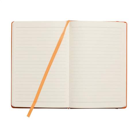 Notebook in A5 format with approx. 96 sheets/192 pages pages of cream coloured, lined FSC Mix certified paper (80 g/m²). With a bound spine, hard cover, pocket, elastic fastener and silk ribbon.