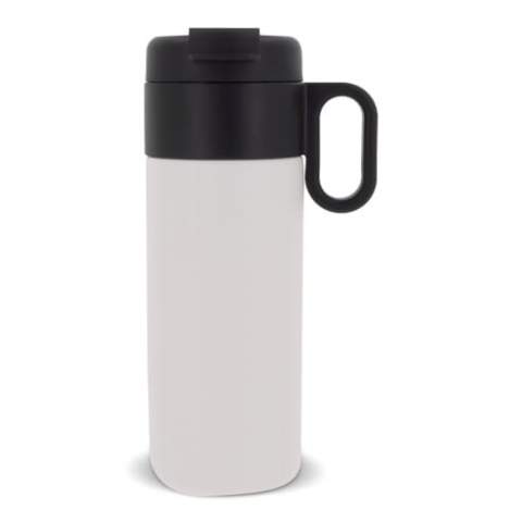 Double wall vacuum insulated bottle from the Toppoint design 'Flow' series. The mug with flip lid is 100% leak-free. The handle makes it easier to drink or carry. The inner and outer wall are made of high quality stainless steel. Drinks will stay warm up to 12 hours or cold up to 24 hours. Comes packaged in a gift box.