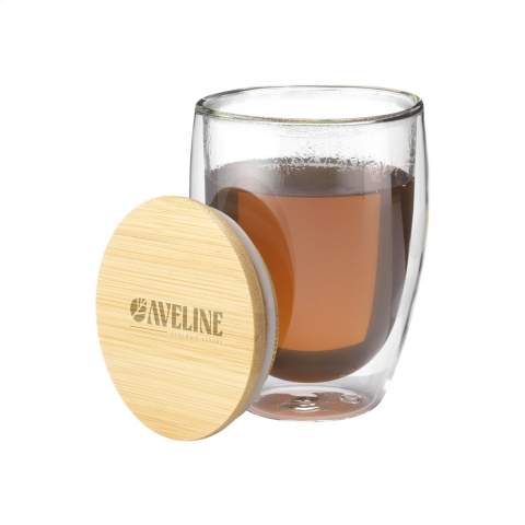 High quality double-walled glass. This clear borosilicate glass has a sleek and contemporary design with bamboo lid with silicone ring. An insulating layer of air forms between the heat-resistant glass walls. If you fill the glass with a hot drink, the outer wall remains cool and easy to hold. Capacity 350 ml. Each item is supplied in an individual brown cardboard box.