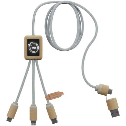 2.4A fast charging cable (3 x 10 cm) that can be customised with light-up logo on both sides, which also can be different from each other. This cable is entirely made with more sustainable materials: recycled PET cords, bamboo, wheat fibres and recycled plastic. The charging cable is made to be universal thanks to its 3 outputs (Type-C, Android, iPhone), and it can charge up to three devices simultaneously. Thanks to its double USB and USB-C input, this cable is compatible with the most recent chargers. Delivered in a cotton pouch (20 x 8 cm) with a kraft paper card.