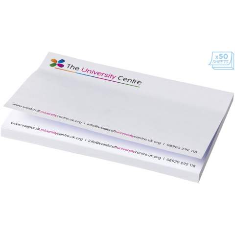 Sticky-Mate® Haftnotizen mit selbstklebendem 80 g/m2 Papier. Ein vollfarbiger Druck ist auf jedem Blatt möglich. Erhältlich in 3 Größen: 25, 50, 100 Blatt.