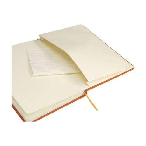 Notebook in A5 format with approx. 96 sheets/192 pages pages of cream coloured, lined FSC Mix certified paper (80 g/m²). With a bound spine, hard cover, pocket, elastic fastener and silk ribbon.