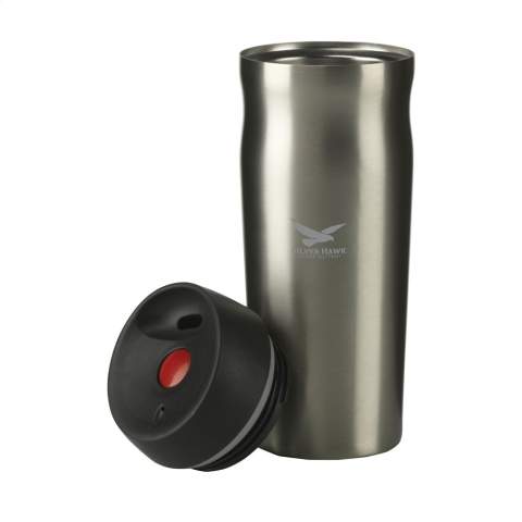 Double-walled, leak-proof, insulated thermo cup (food grade) with stainless steel screw top. With just one press of the button, the spout opens and closes itself. Capacity 450 ml. Each item is individually boxed.