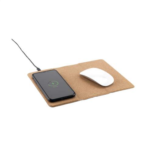 Multifunctional, wireless 10W charger mousepad. The sustainable exterior of this modern mousepad is made from eco-friendly cork. You can efforlessly navigate your mouse and charge your smartphone on this cork mouse pad. Can also be used as a phone stand. Compatible with all mobile devices that support QI wireless charging (newest generations Android and iPhone).  Input 9V/2A. Wireless output 5V/10W. Includes PVC-free cable (TPE) with micro-USB connector and user manual. Each item is supplied in an individual brown cardboard box.
