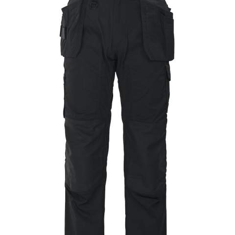 • twee spijkerzakken, binnenin verstevigd met Cordura®, die opgeborgen kunnen worden in de voorzakken<br />• dubbele stoffering op de dijen <br />• verstelbare kniezakken aan de binnenzijde. Verstevigd met Cordura® aan de buitenzijde<br />• twee zijbeenzakken: linker: ruimte voor telefoon, pennen, gereedschappen; rechter: twee aanpasbare hamerhouders, zak voor potlood, duimstokzak en mesknoop<br />• twee ruime achterzakken<br />• twee D-ringen<br />• voorgevormde knieën<br />• Cordura® aan de achterzijde van de broekspijpen onderaan <br />• lussen aan de achter- en zijbeenzakken