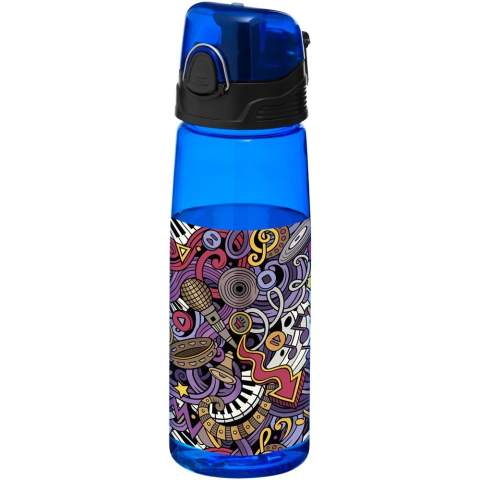 En cas de soif, la bouteille de sport légère Capri 700 ml est une bouée de sauvetage. La bouteille est dotée d'un couvercle rabattable avec bec verseur, ce qui la protège et la rend propre. Le bouton-poussoir permet de l'ouvrir facilement. La bouteille transparente est fabriquée en Eastman Tritan™ solide, sans taches ni odeurs, ce qui la rend durable et sans BPA.