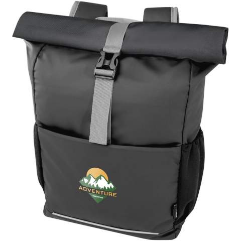 Water-resistant roll-top bike bag made from GRS certified recycled materials. It features a padded 15" laptop compartment, multiple organisational pockets, adjustable hook & loop closure for easy fitting onto a variety of bikes, and reflective piping for visibility. The GRS recycled materials include the main fabric, lining, webbing, and zips. Capacity: 20 litres. PVC free.