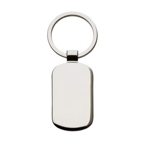 A rectangular, polished, nickel metal keyring with black inlay and sturdy keyring. Each item is supplied in an individual brown cardboard envelope.