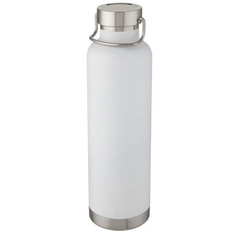 Large double-walled water bottle with 18/8 stainless steel vacuum construction and copper insulation that keeps drinks hot or cold for several hours. The construction also prevents condensation on the outside of the bottle, and the on-trend powder coating makes it extra durable. Stainless steel screw-on leakproof lid with durable stainless steel hand loop. Wide opening for easy filling, pouring and cleaning. BPA-free, tested and approved under German Food Safe Legislation (LFGB). Tested and approved for phthalates content according to REACH regulations. Perfect for ice cubes. Volume capacity is 1 L. Hand wash recommended. Presented in a recycled cardboard gift box.