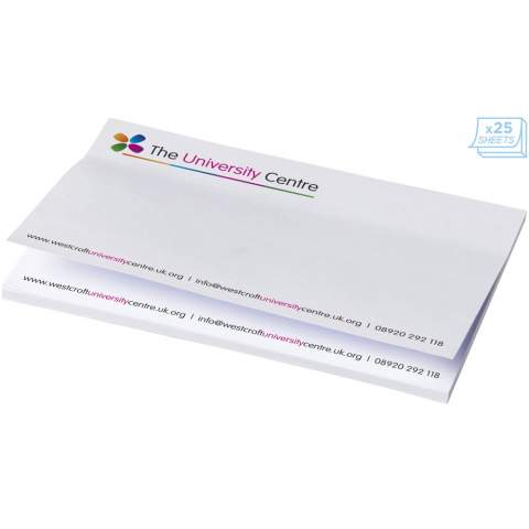 Sticky-Mate® Haftnotizen mit selbstklebendem 80 g/m2 Papier. Ein vollfarbiger Druck ist auf jedem Blatt möglich. Erhältlich in 3 Größen: 25, 50, 100 Blatt.