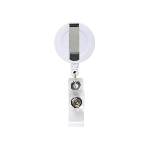 Badgehouder met metalen bevestigingsclip, oprolbaar nylon koord en badgeclip met drukknoop.