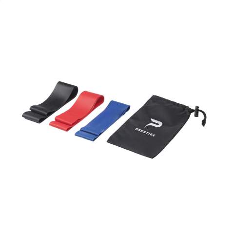 A set of 3 different rubber resistance bands (meas: 60 x 5 cm) with various strengths for optimal training: 2,5 kg/5,5 lbs, 7 kg/15 lbs and 9 kg/20 lbs. A useful aid for stretching and strengthening muscles. The fitness bands are delivered per set in a polyester pouch.